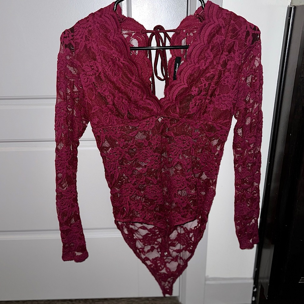 Burgundy Lace Button Snap Bodysuit Size Small